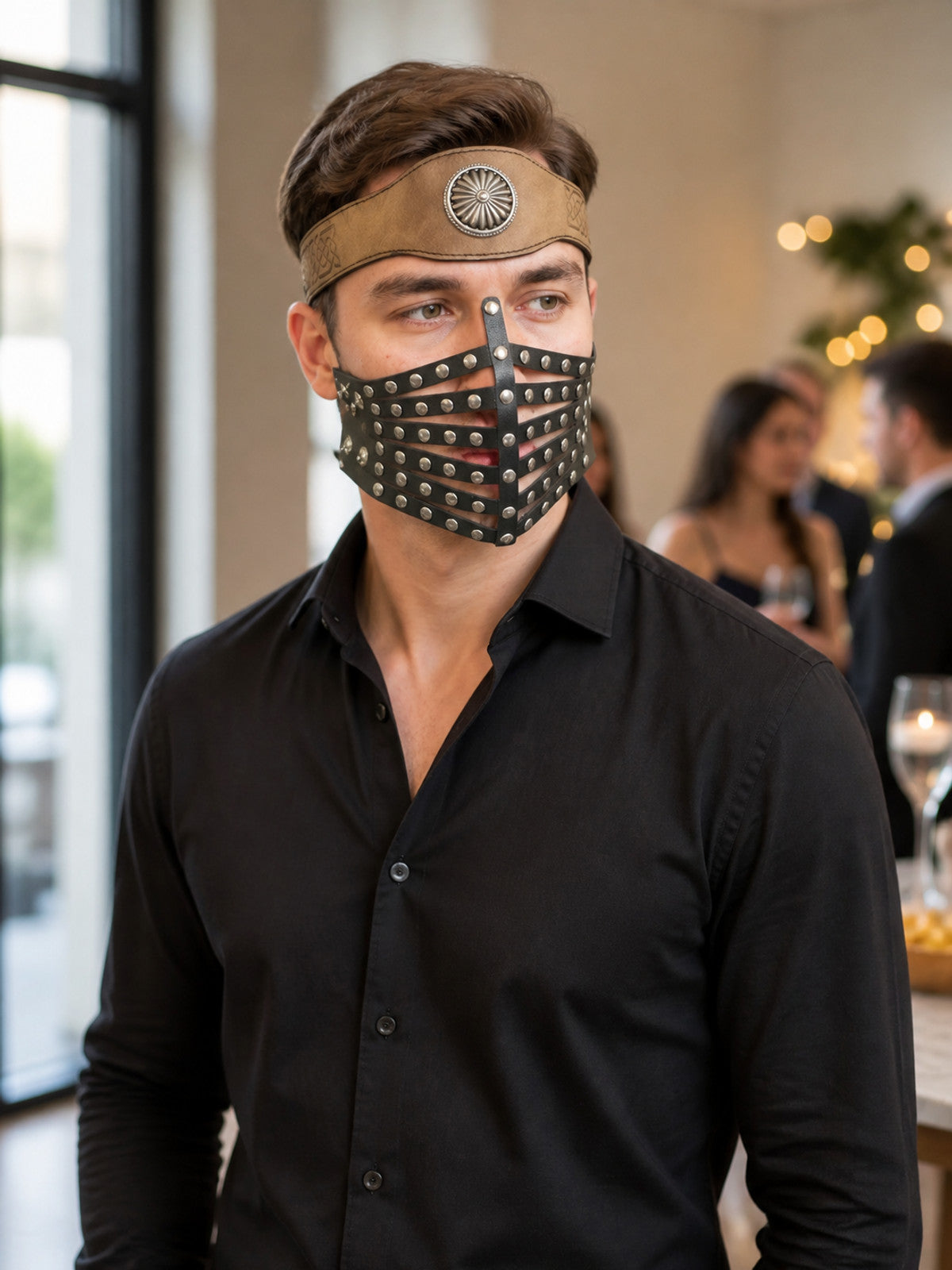 Wide Brown Costume Headband with Silver-Tone Decoration