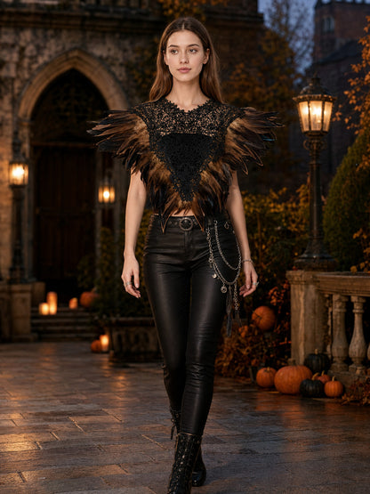 Black lace feather cape with brown and black layered feathers, shown on a model in a styled outdoor courtyard scene