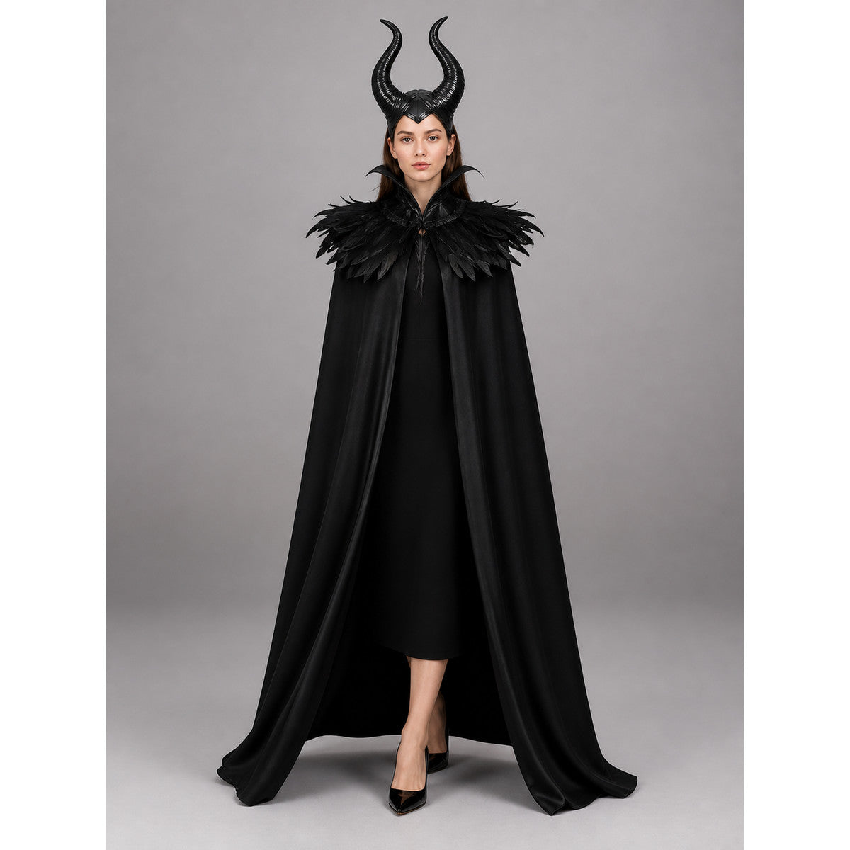 Black Carnival Cloak with Horns and Feathers