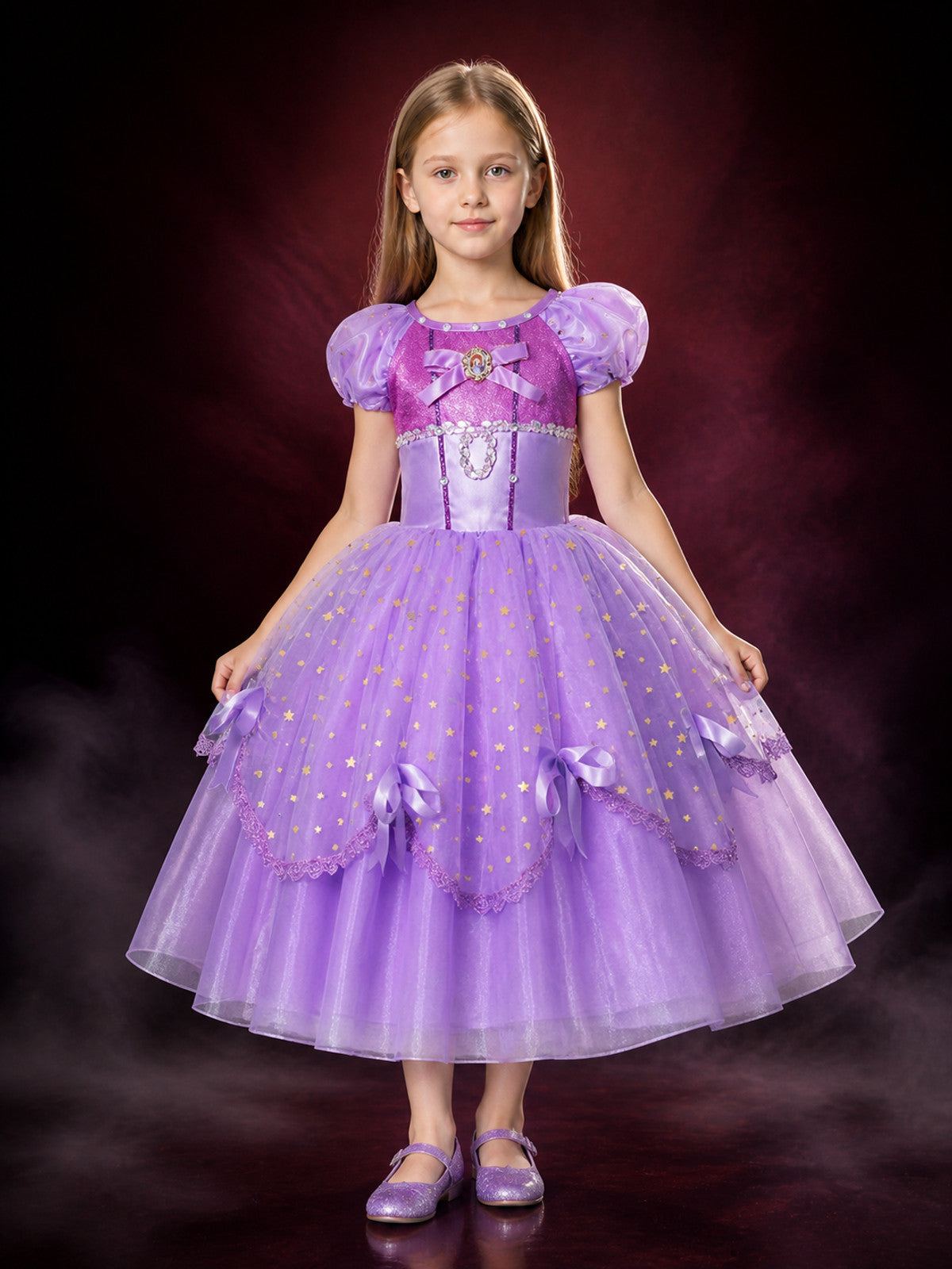 Girls Purple Princess Ball Gown Costume, Star Pattern Layered Tutu Dress with