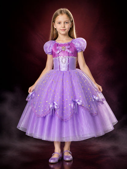 Girls Purple Princess Ball Gown Costume, Star Pattern Layered Tutu Dress with