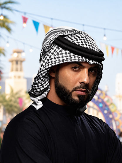 Close-up of a black and white checkered headscarf with a black band, styled on a bearded model outdoors