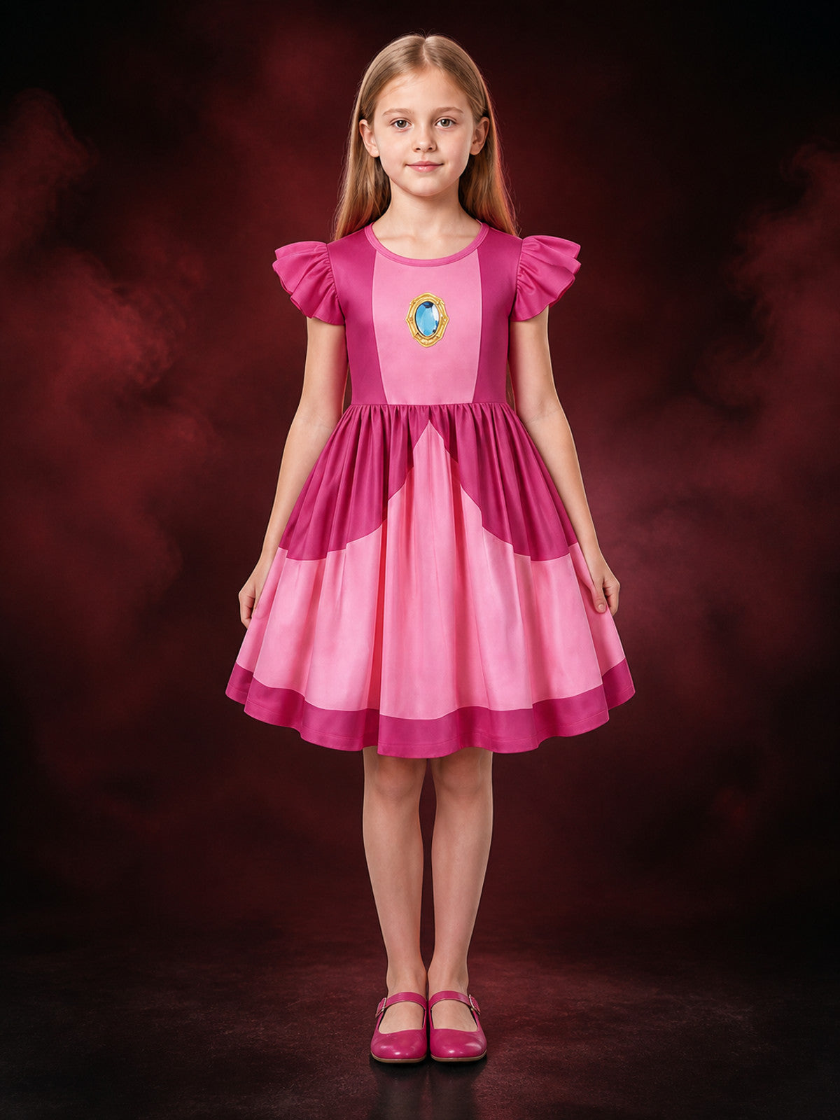 Kids Princess Peach Pink Ruffle Sleeve Dress Costume with High Waist main product view
