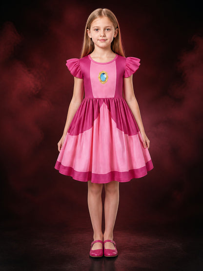 Kids Princess Peach Pink Ruffle Sleeve Dress Costume with High Waist main product view