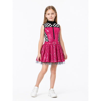 Halloween Dress with Checkered Print and Mesh Skirt