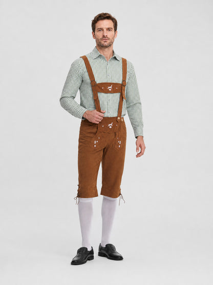 Plaid Folk Costume with Embroidery and Suspenders Costumes detail