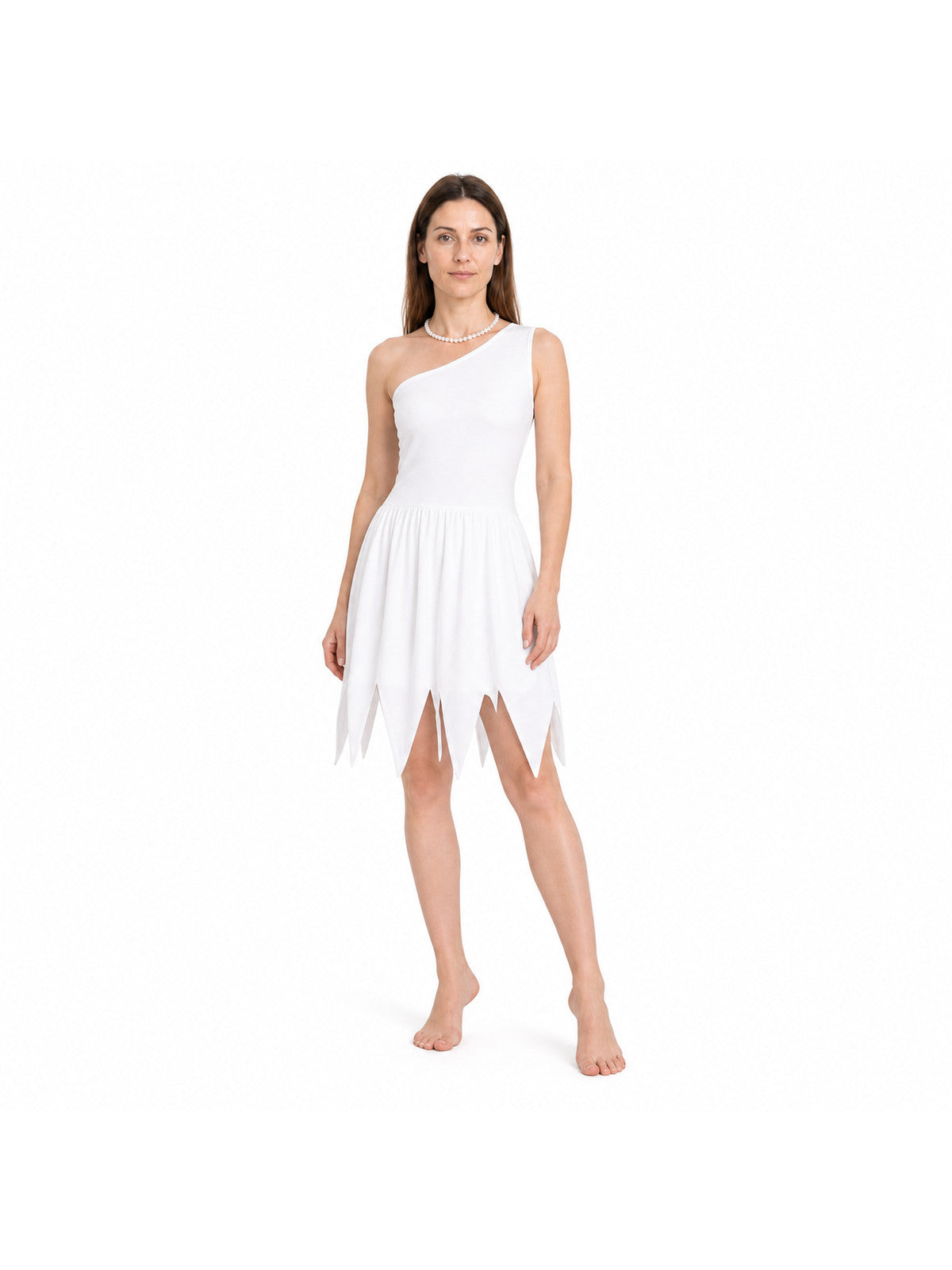 White One-Shoulder Dress with Jagged Hem and Pearls
