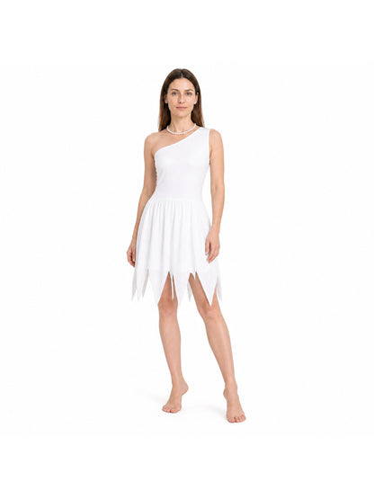 White One-Shoulder Dress with Jagged Hem and Pearls