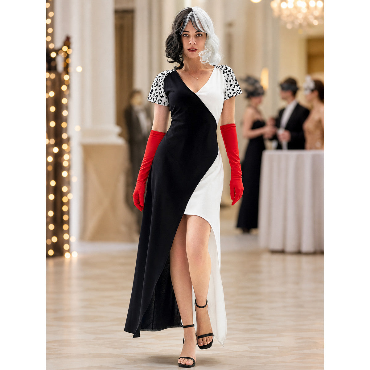 Cruella cosplay dress, black and white, long