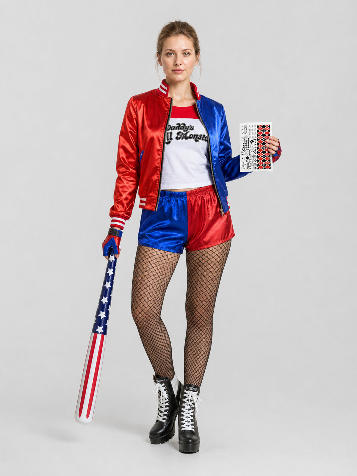 Harley Quinn Cosplay Costume, Jacket, Shorts, Gloves Costumes detail