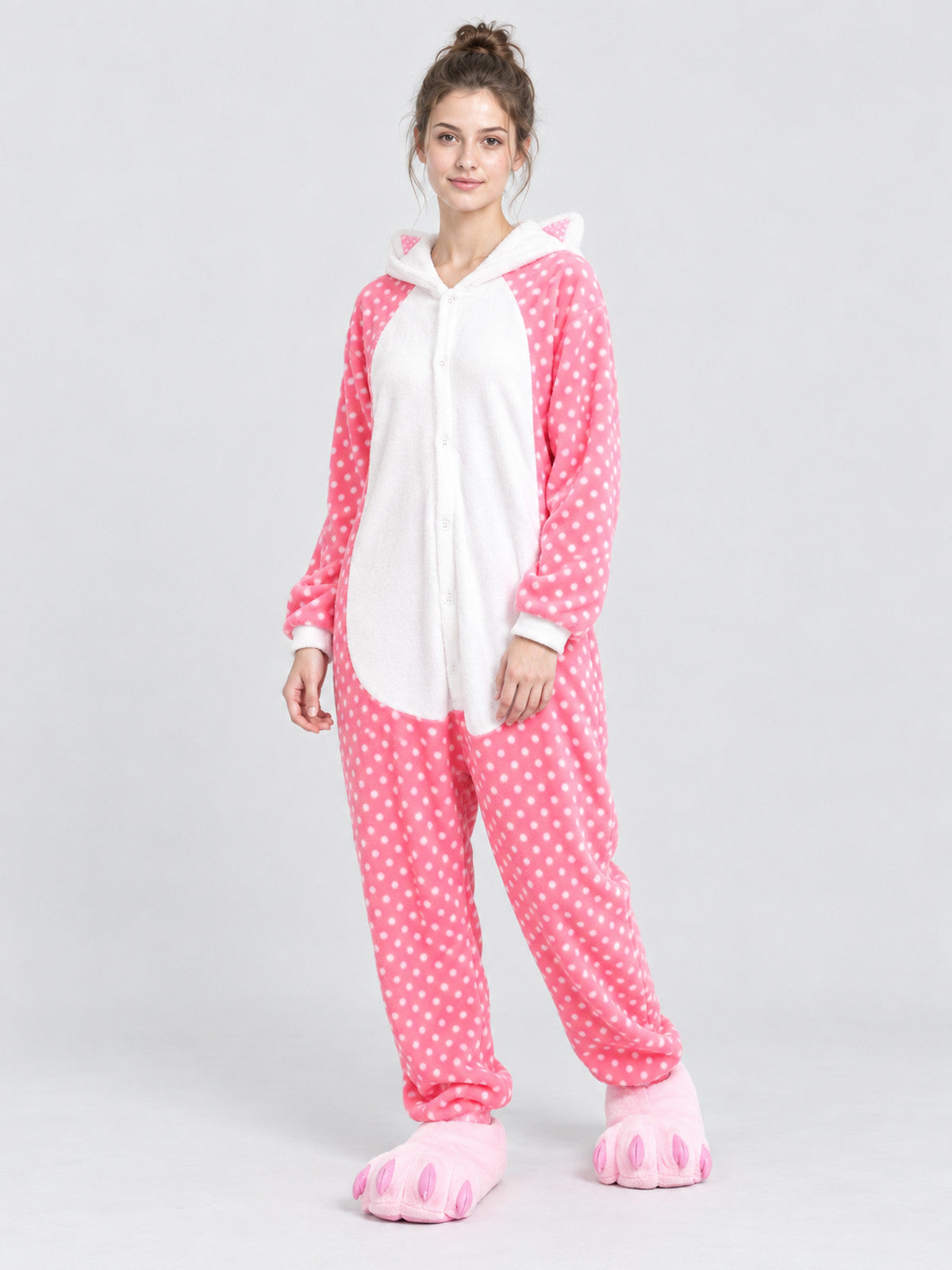 Pink Pajama Jumpsuit with White Polka Dots and Ears