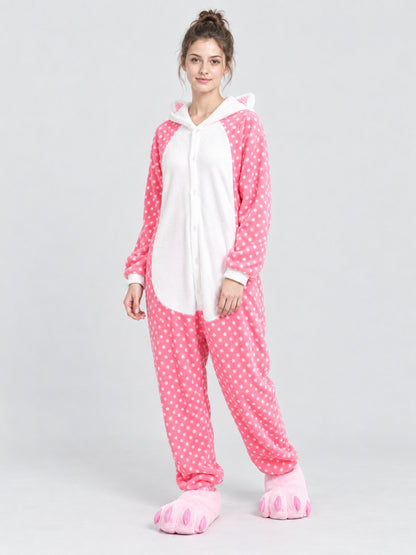Pink Pajama Jumpsuit with White Polka Dots and Ears
