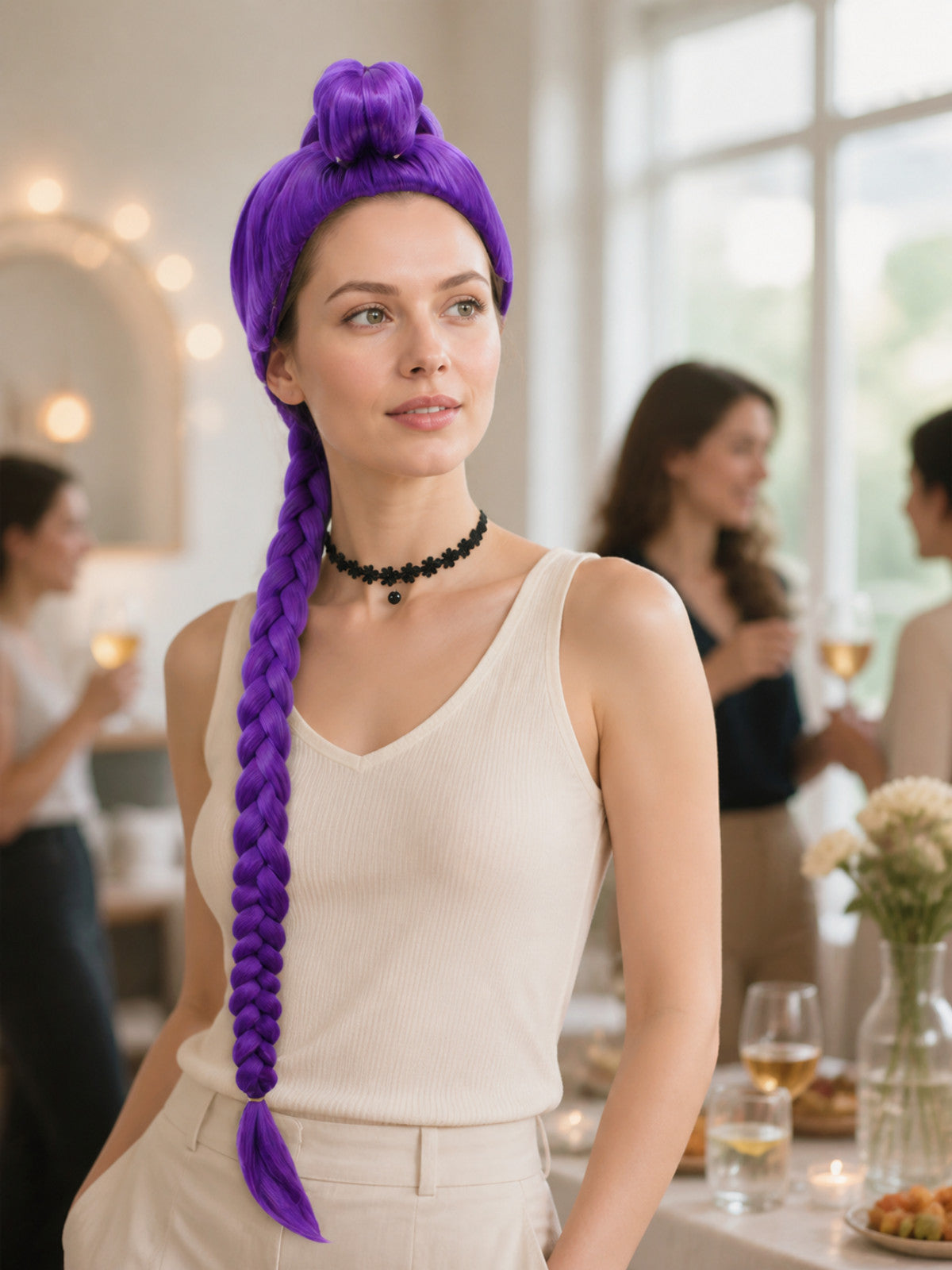 Purple Carnival Wig with Long Braid for Halloween