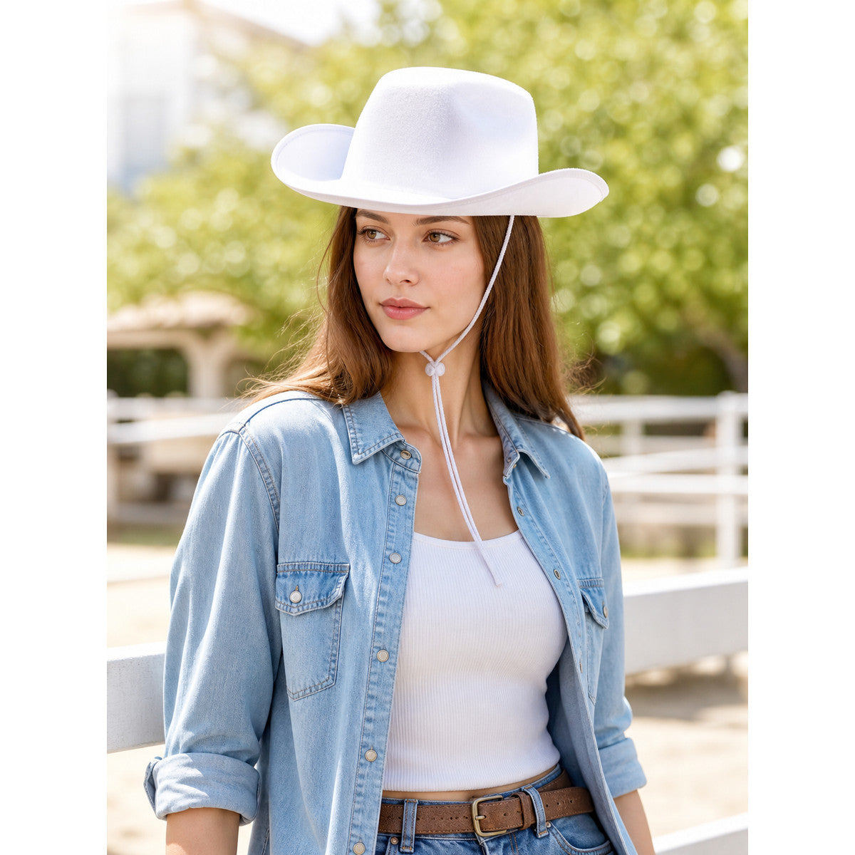 White Cowboy Hat with a Wide Brim and Chin Tie