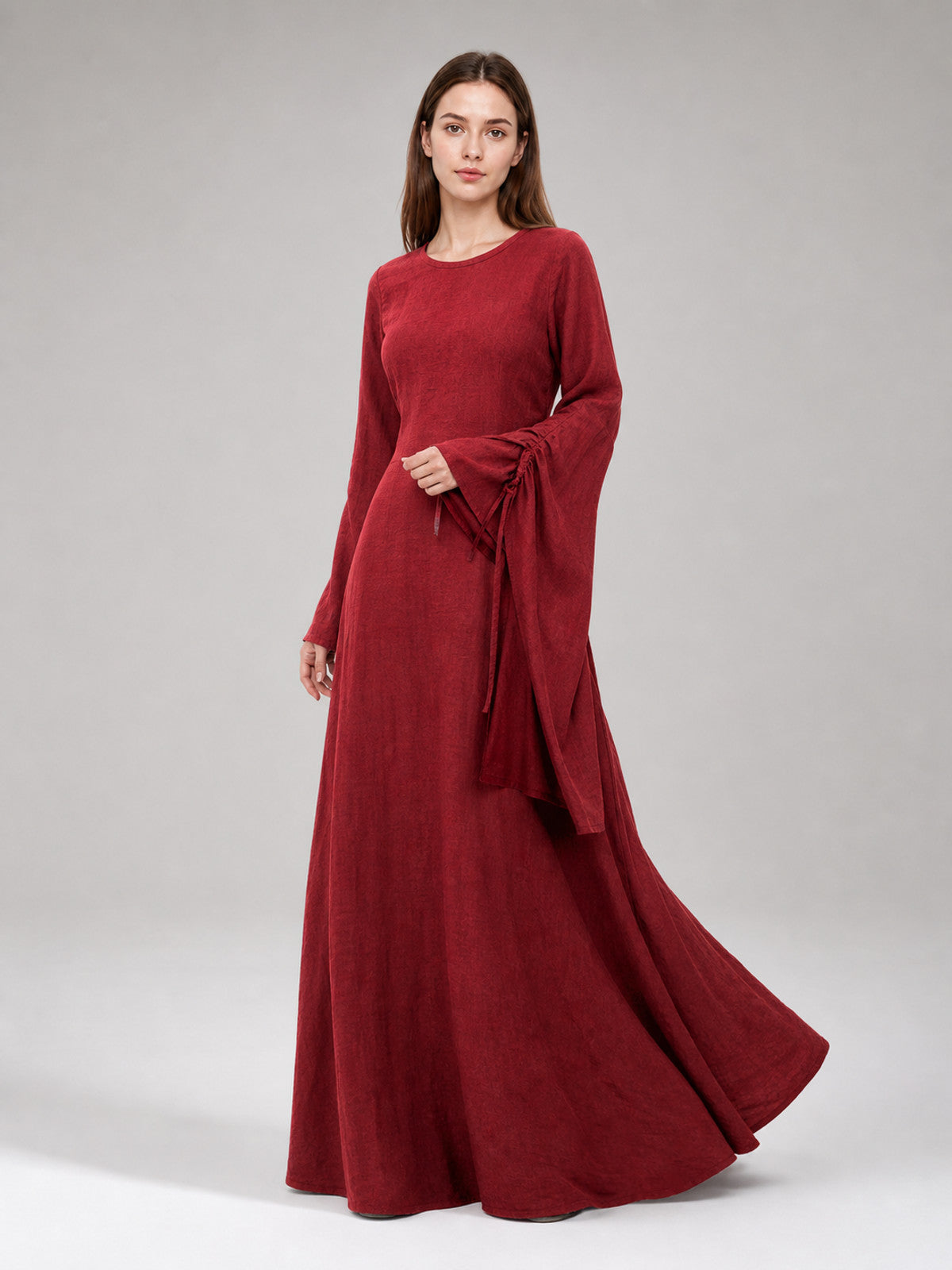 Burgundy Floor-Length Dress with Long Sleeves and Belt
