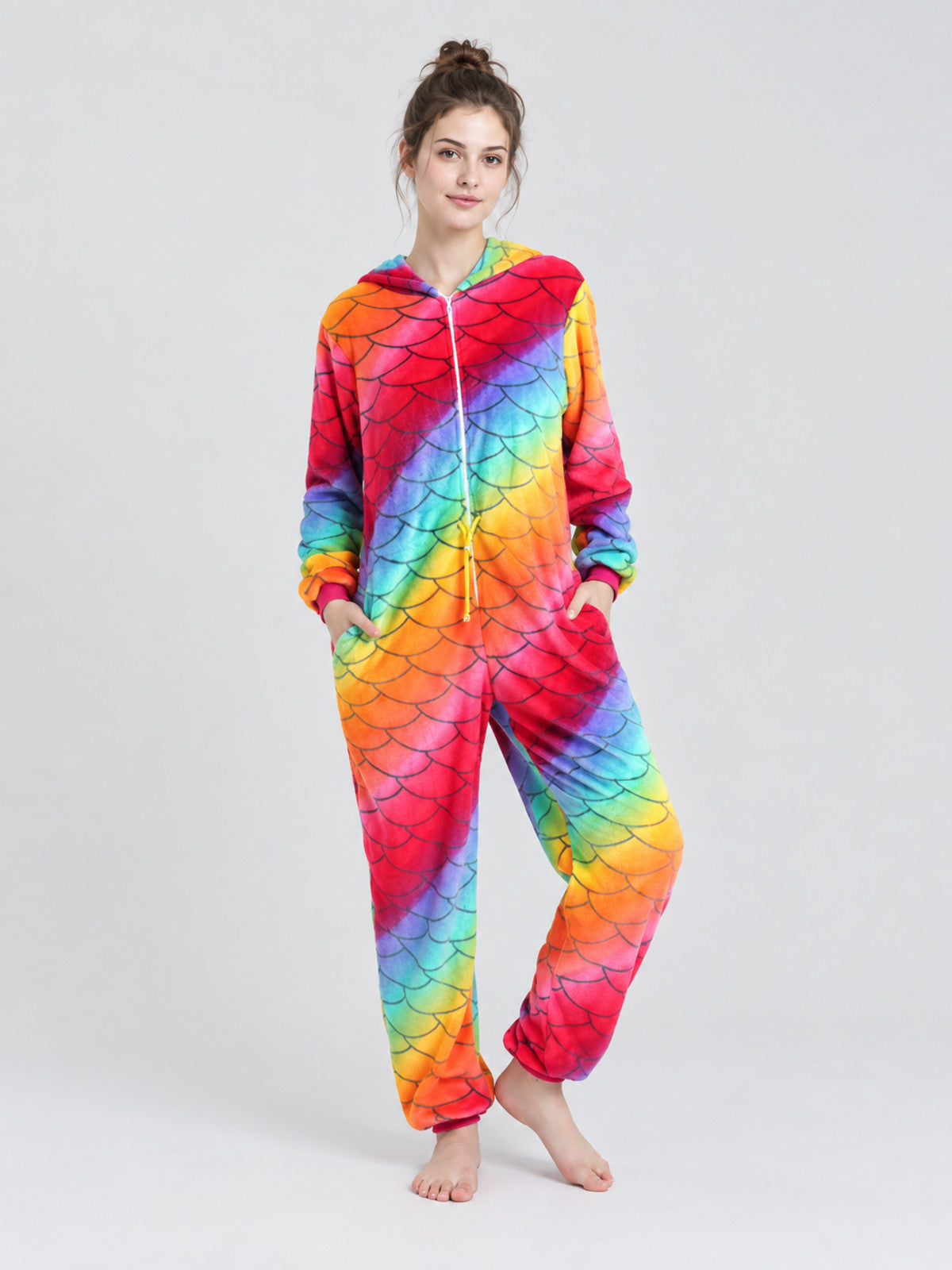 Flannel Rainbow Scale Print Jumpsuit Pajamas