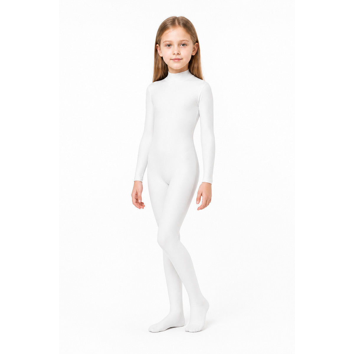 White form-fitting bodysuit with a hood and open face on-model front view