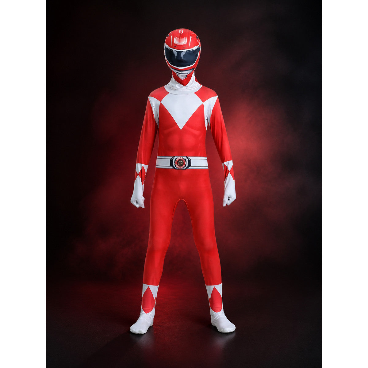Red Ranger Cosplay Bodysuit Costume, Hooded Geometric Print main product view