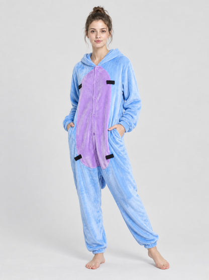 Blue Cartoon-Style Hooded Pajama Jumpsuit