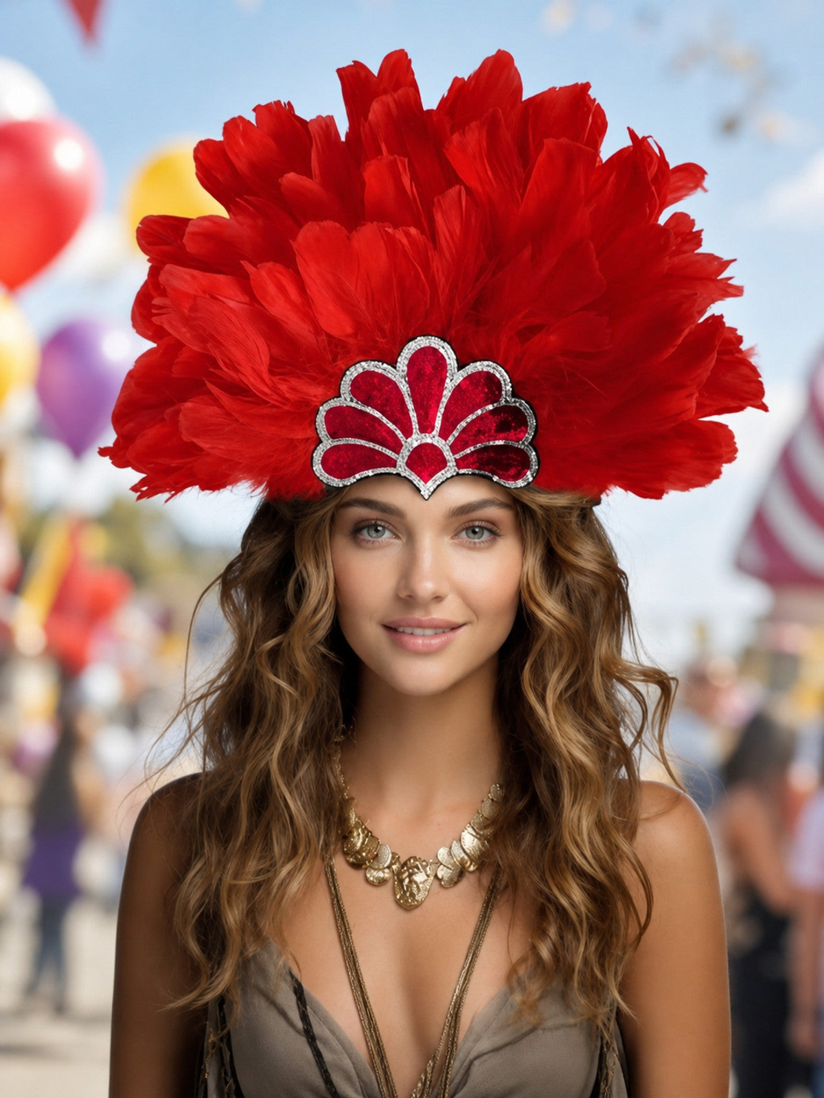 Red feather headpiece with a silver-trimmed fan decoration, worn by a model in a colorful outdoor scene