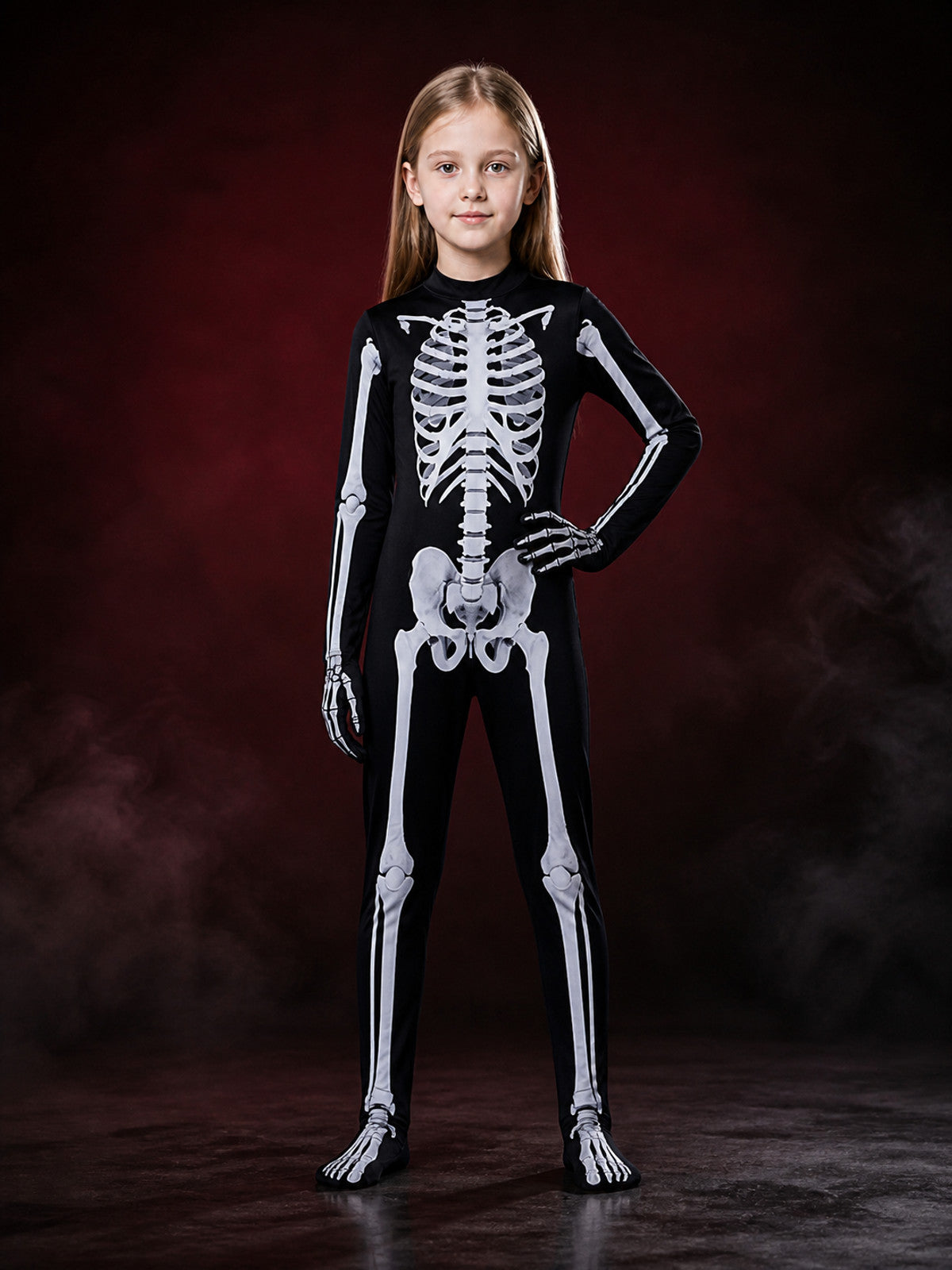 Halloween Skeleton Jumpsuit Costume, Black With White Bone Print main product view