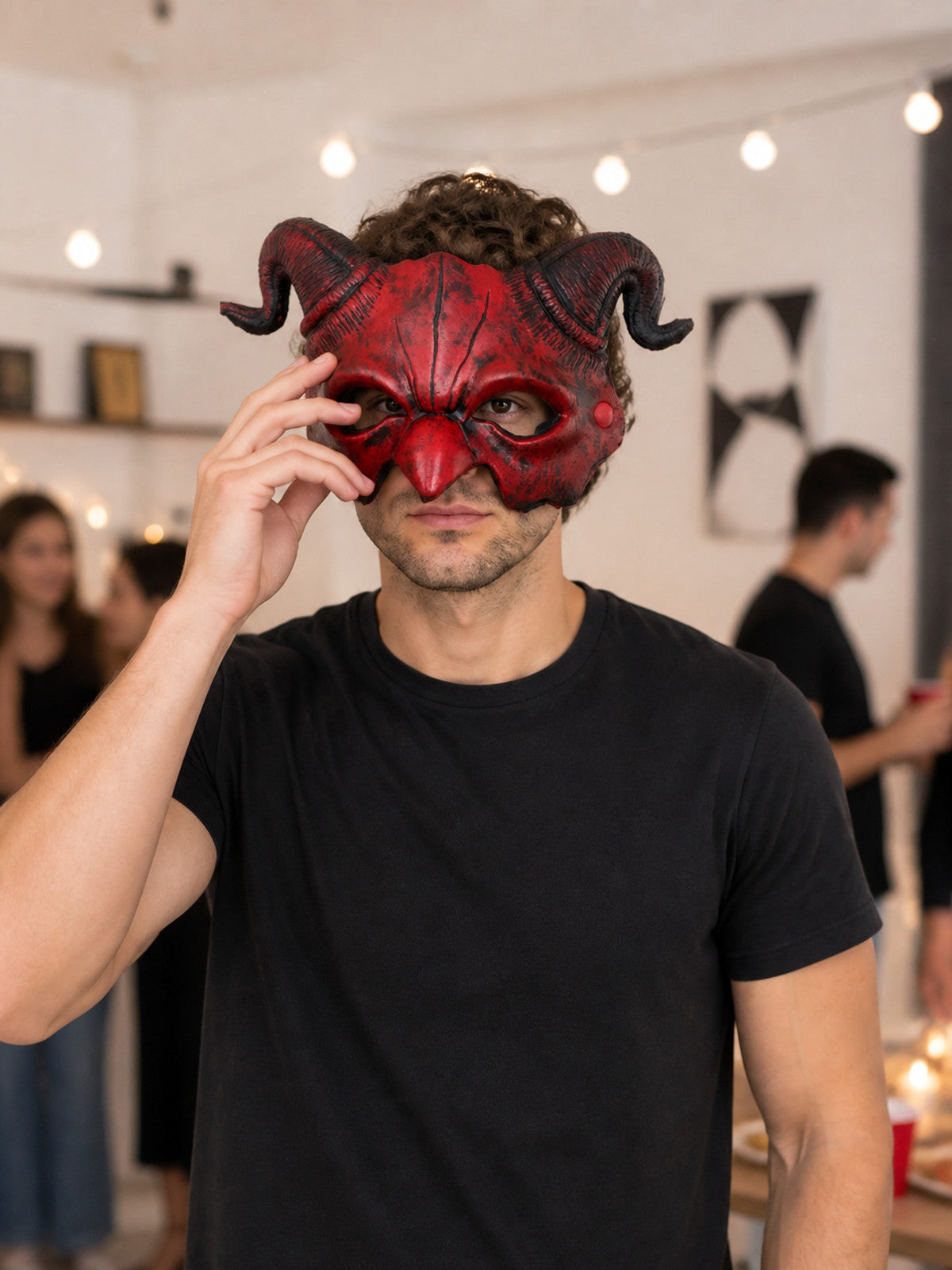 Red and Black Demonic Carnival Mask for Halloween lifestyle view