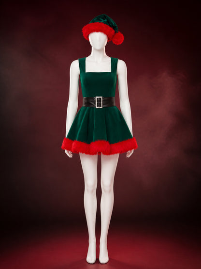 Women's Green Christmas Tree Princess Dress with Red Fur Trim and Black Belt