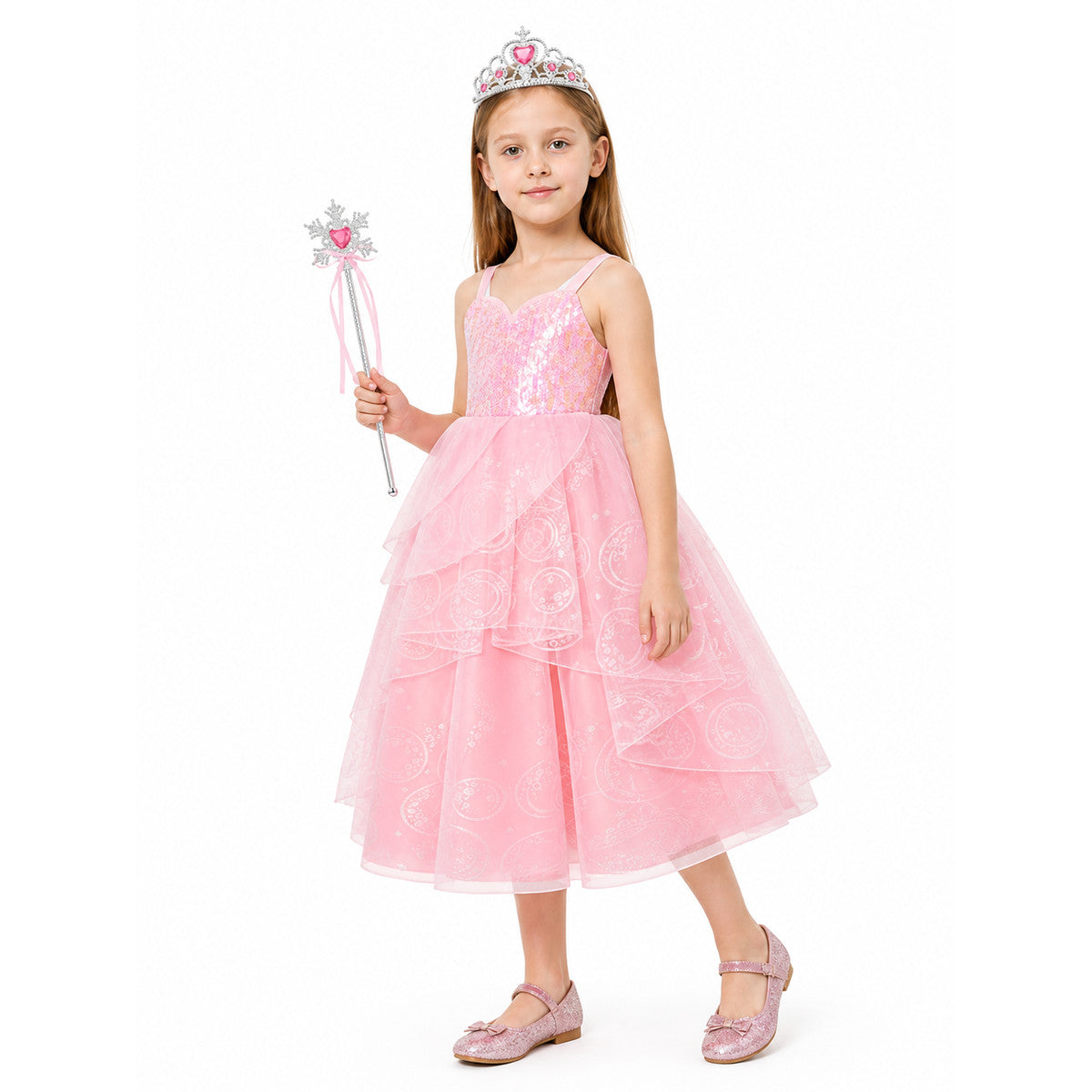 Pink Children's Halloween Costume with Crown and Wand Costume Headwear detail
