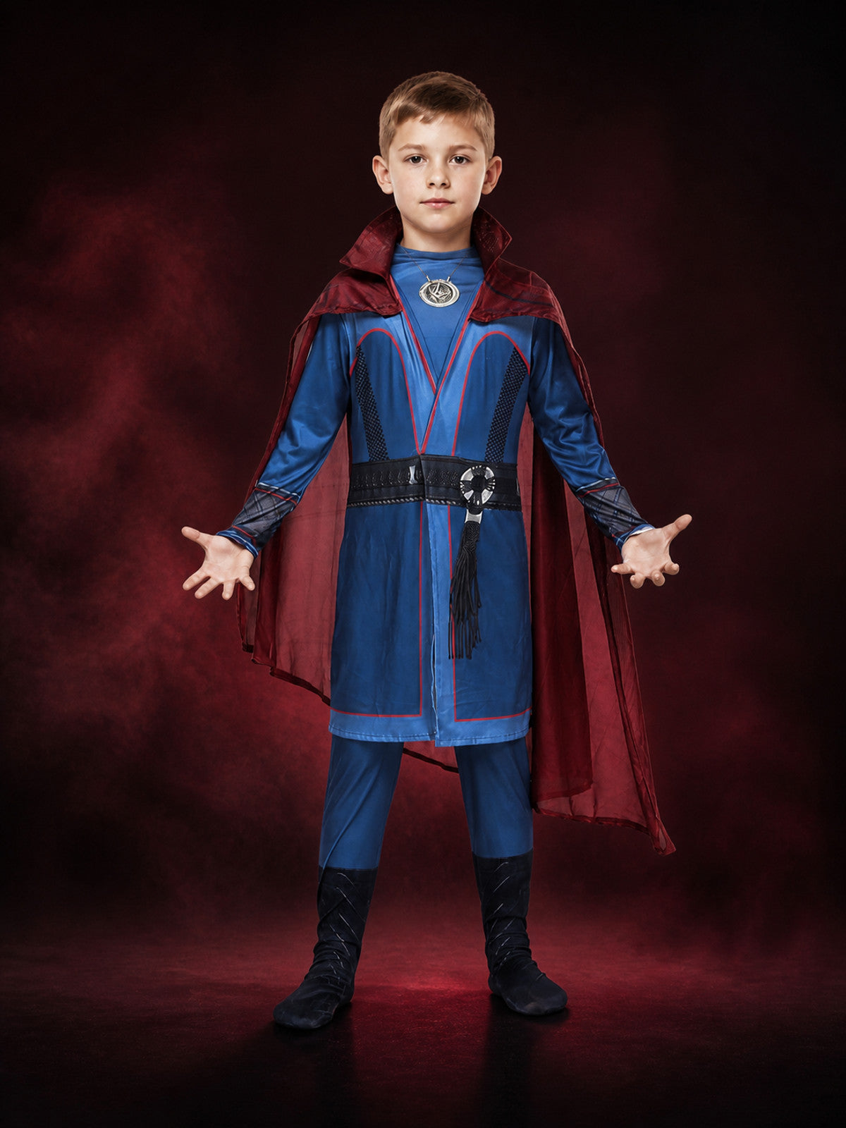 Kids Wizard Costume Set with Red Cape and Blue Robe, Halloween Outfit with Belt main product view