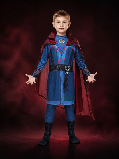 Kids Wizard Costume Set with Red Cape and Blue Robe, Halloween Outfit with Belt main product view