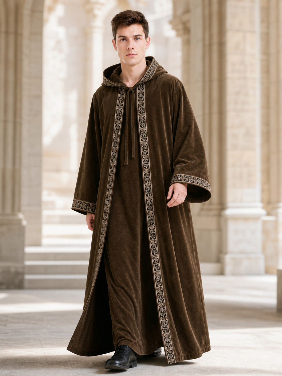 Long Hooded Robe, Brown, Loose Fit