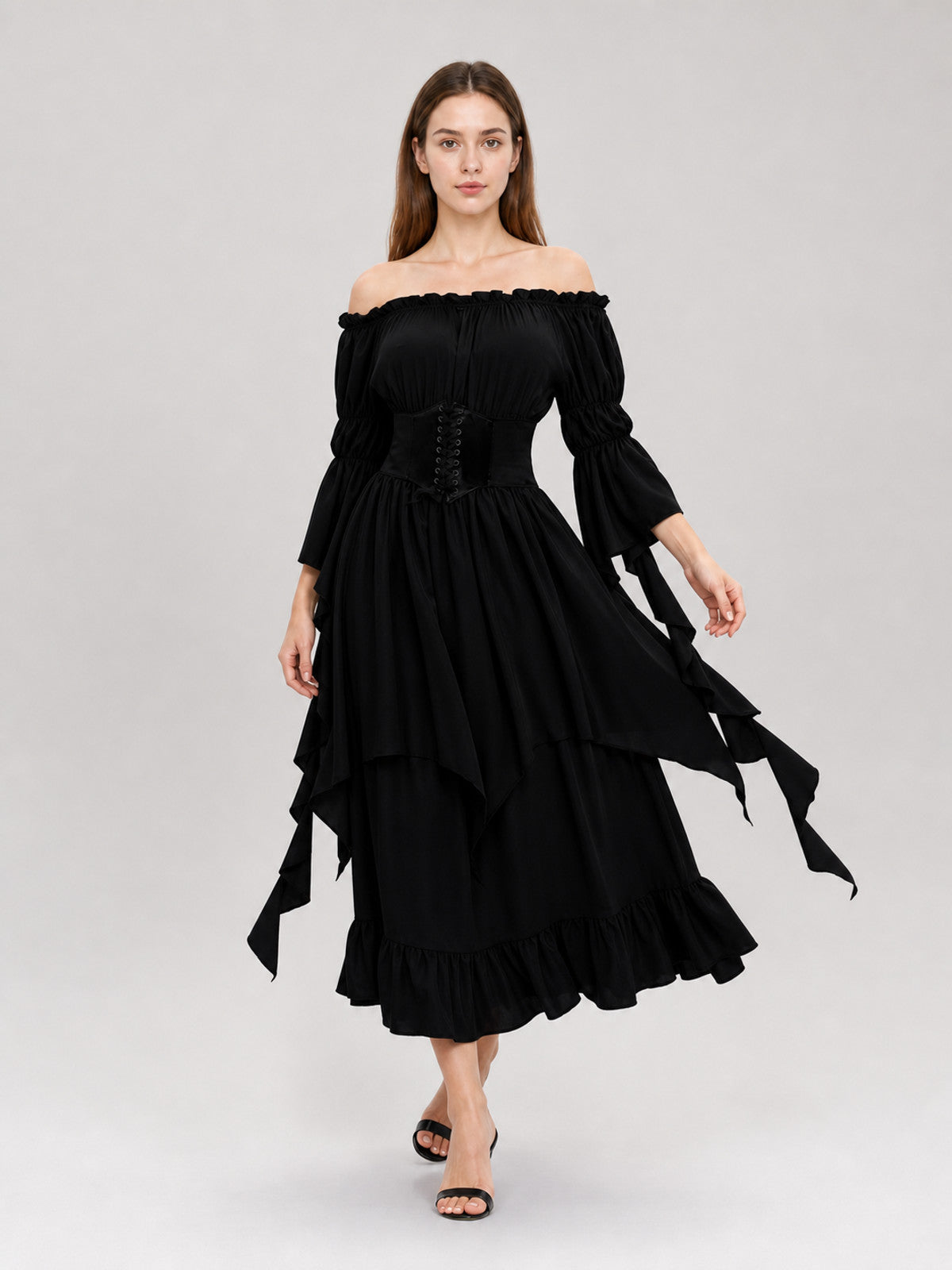Black Gothic Maxi Dress with Corset Lacing Costume Dresses detail