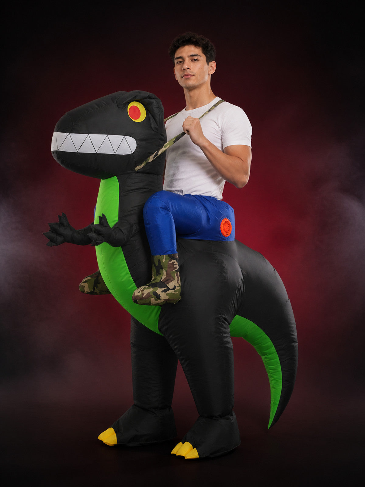 Black Green Inflatable Dinosaur Costume, Funny Blow Up T-Rex Suit with Long main product view