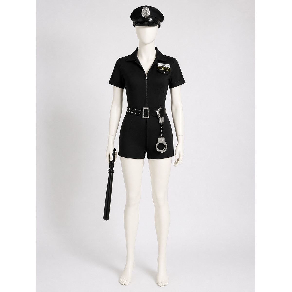 Women's Police Halloween Costume Set, Short Sleeve Zipper Jumpsuit with Hat main product view