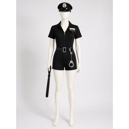 Women's Police Halloween Costume Set, Short Sleeve Zipper Jumpsuit with Hat main product view