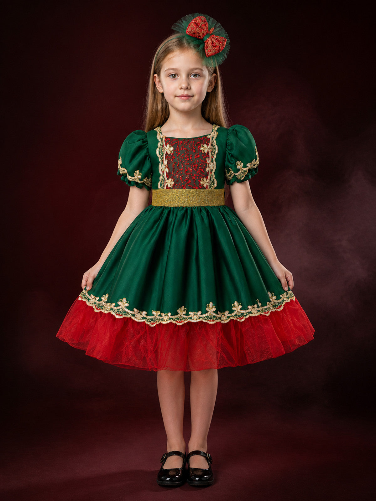 Girls' Christmas Princess Dress, Sequined Red and Green Tulle Party Outfit main product view