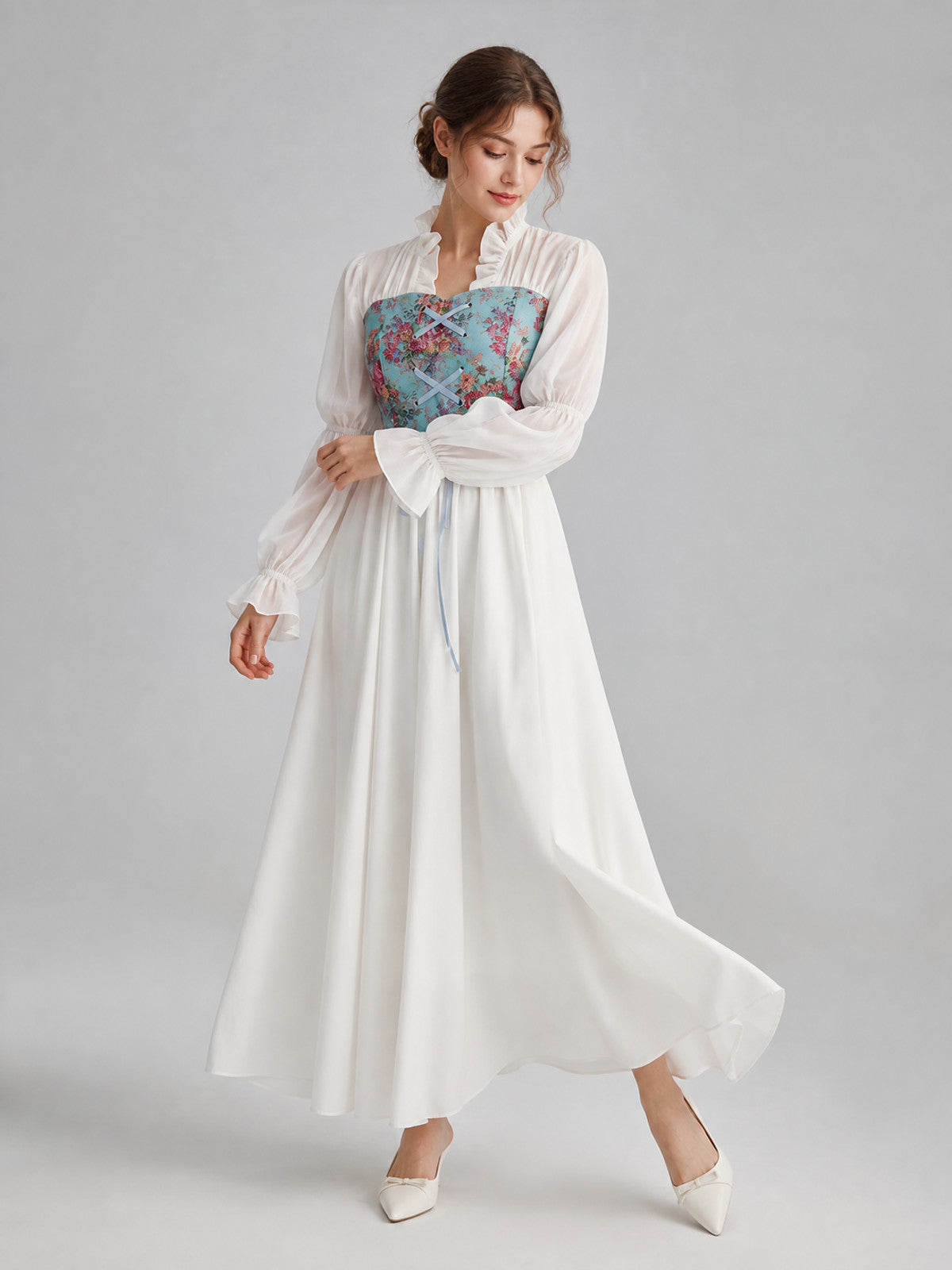 Retro Long-Sleeve Lace-Up Dress Costume Dresses detail