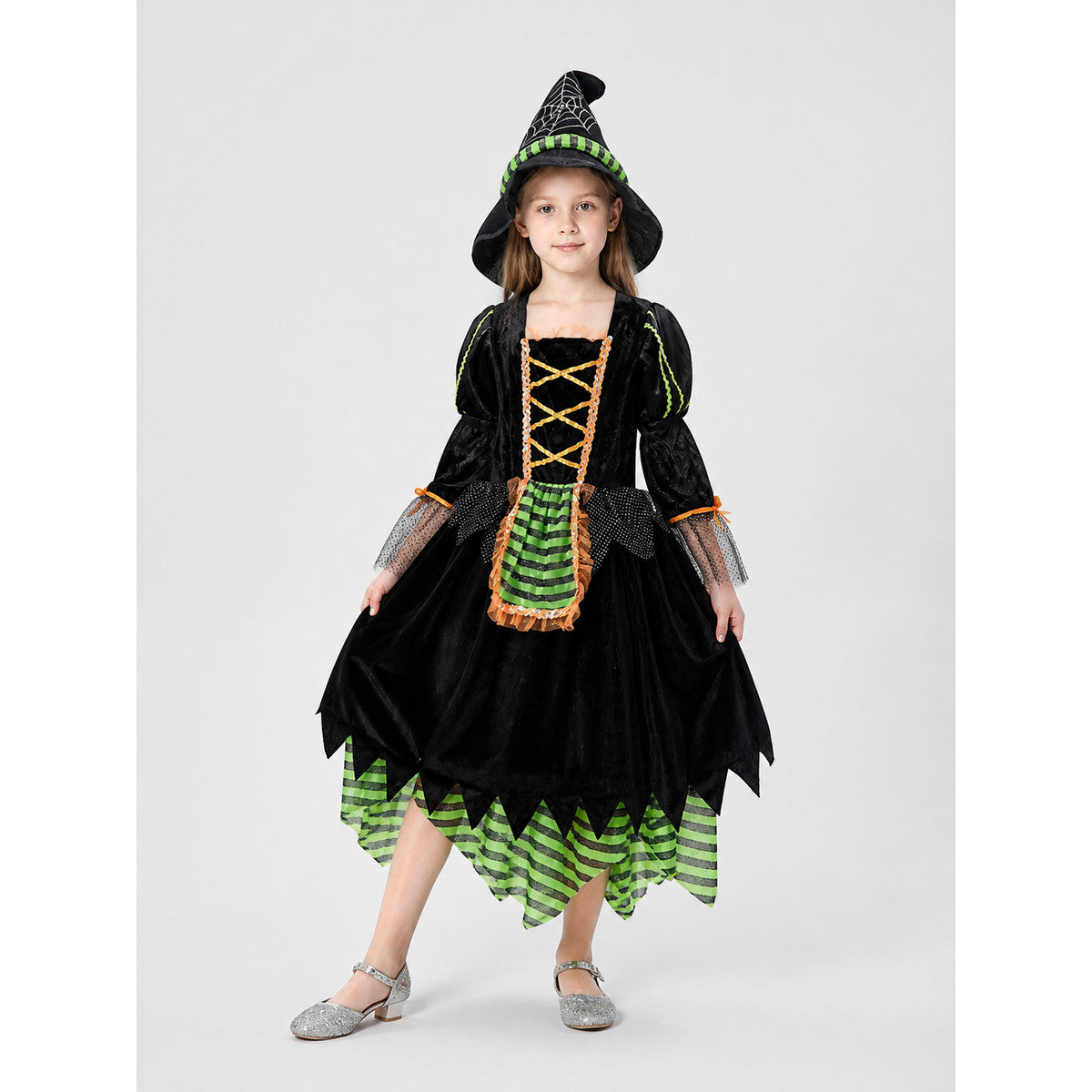 Children's Witch Costume with Striped Skirt and Hat lifestyle