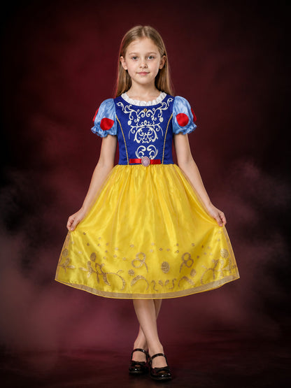 Girls Snow White Princess Costume Dress, Blue Yellow Red Short Sleeve Halloween
