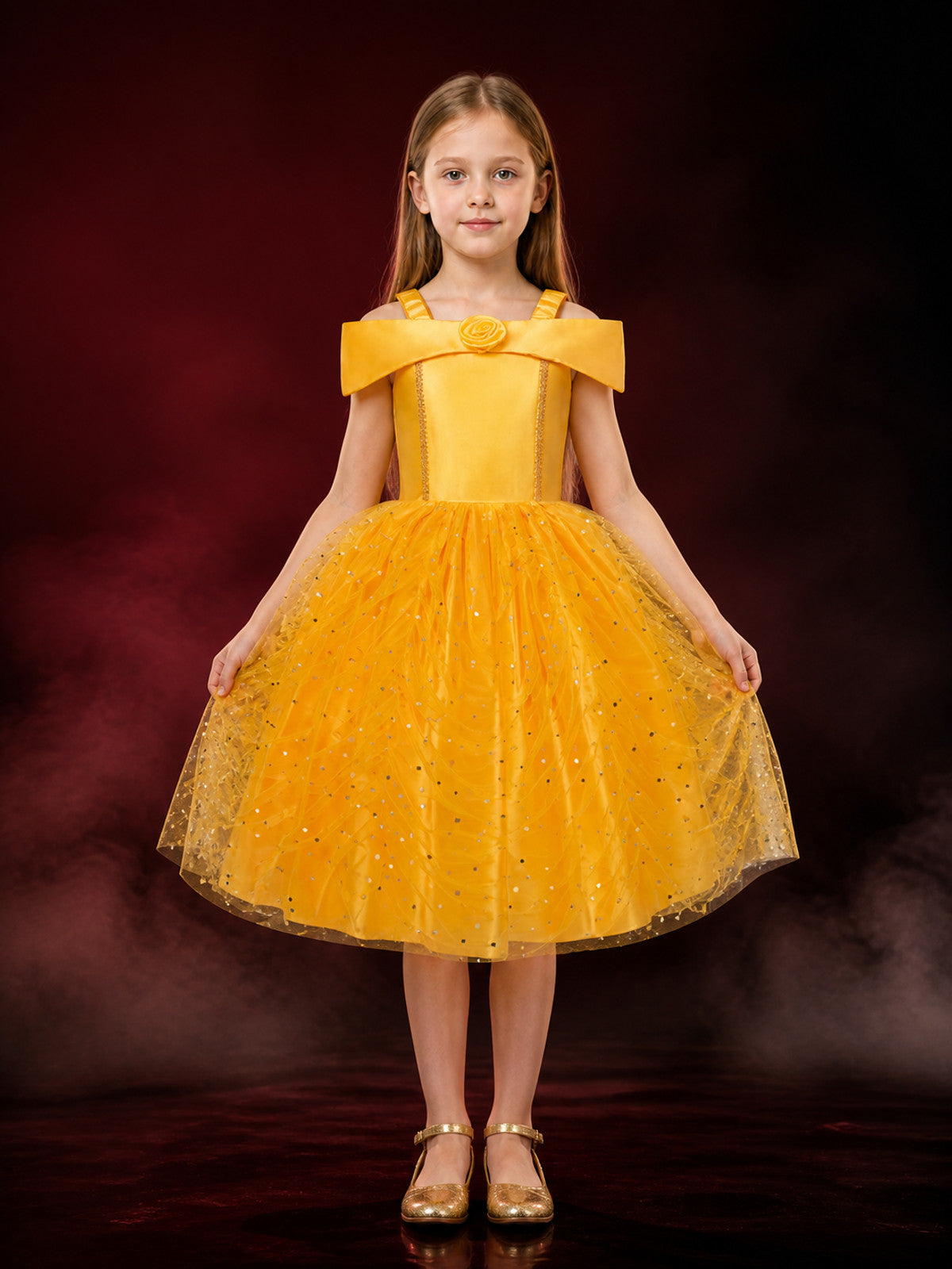 Girls Gold Yellow Sequined Tutu Princess Dress with Bow and Rose, Halter Neck