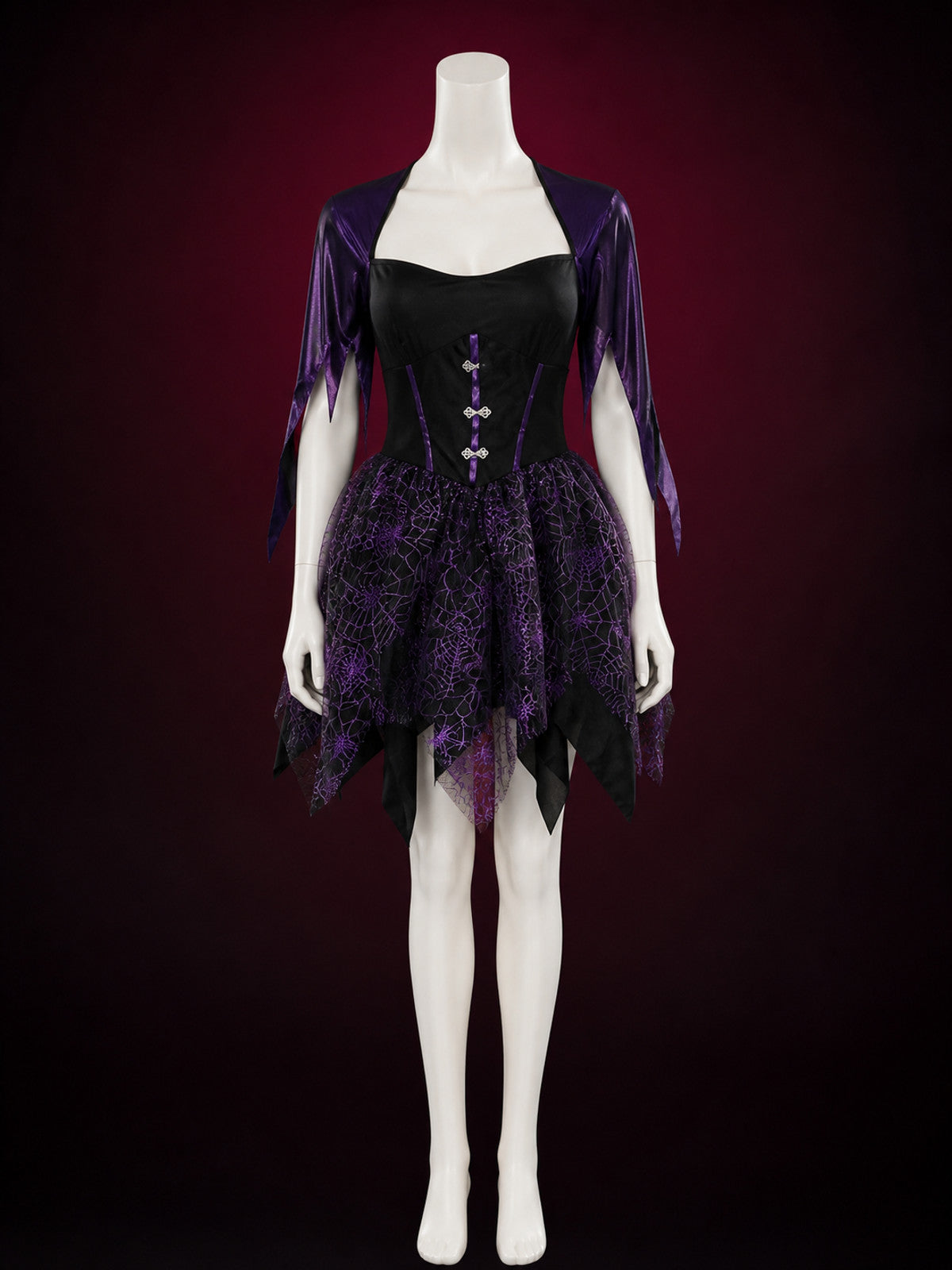 Gothic Witch Costume Dress, Black And Purple Spiderweb Asymmetrical Skirt