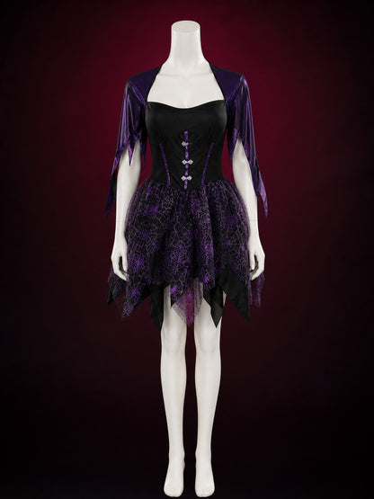 Gothic Witch Costume Dress, Black And Purple Spiderweb Asymmetrical Skirt