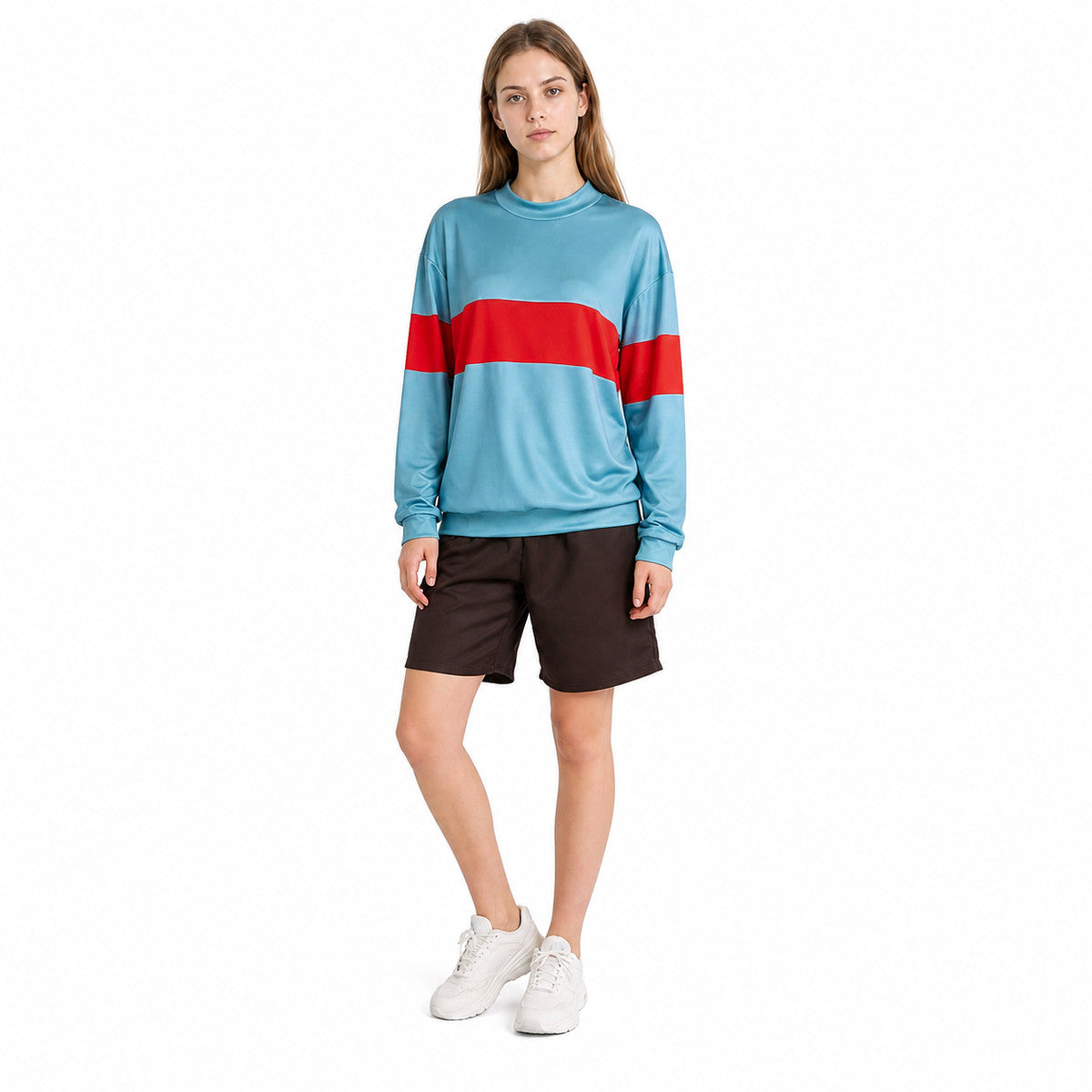 Cosplay costume with a light blue sweatshirt and shorts lifestyle