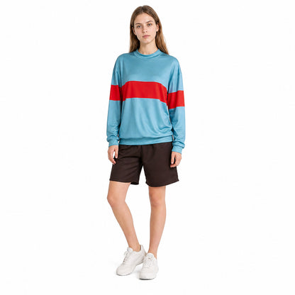 Cosplay costume with a light blue sweatshirt and shorts lifestyle