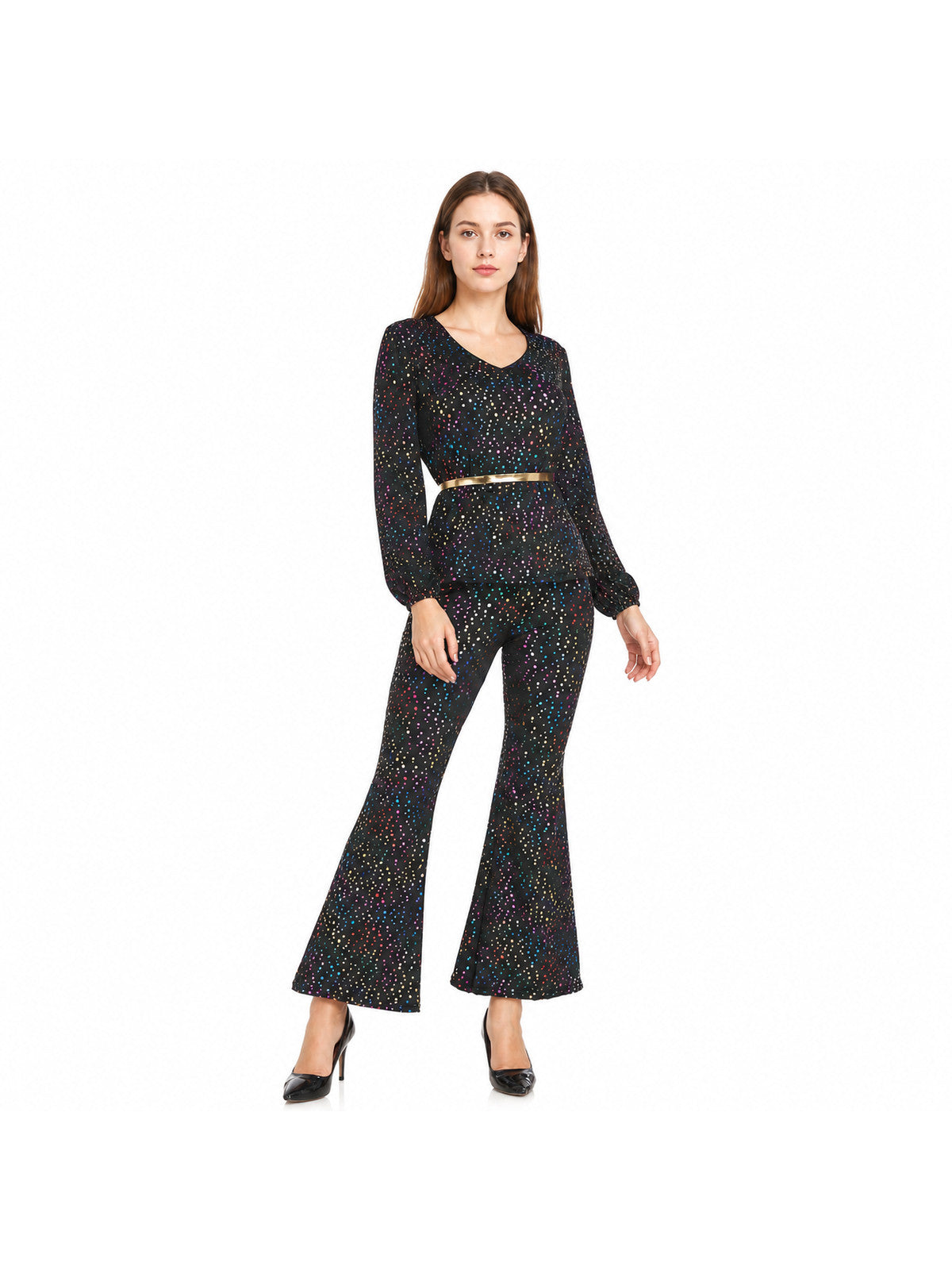 Sequined Jumpsuit with Flared Legs and a V-Neck product detail