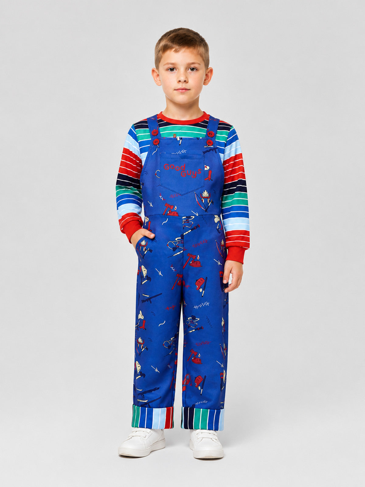 Chucky Cosplay Costume, Long-Sleeve Shirt and Bib Overalls Costumes detail