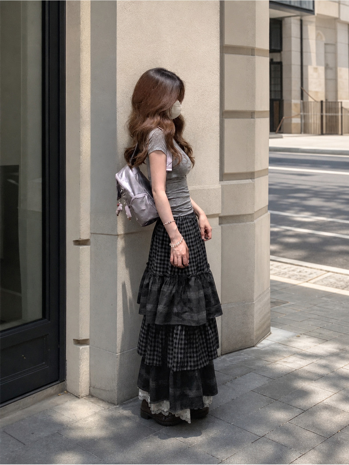 Women's Long Gray-and-Black Plaid Skirt with Ruffles