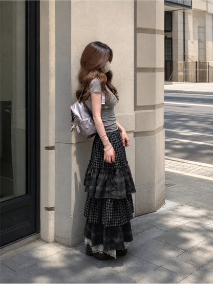 Women's Long Gray-and-Black Plaid Skirt with Ruffles