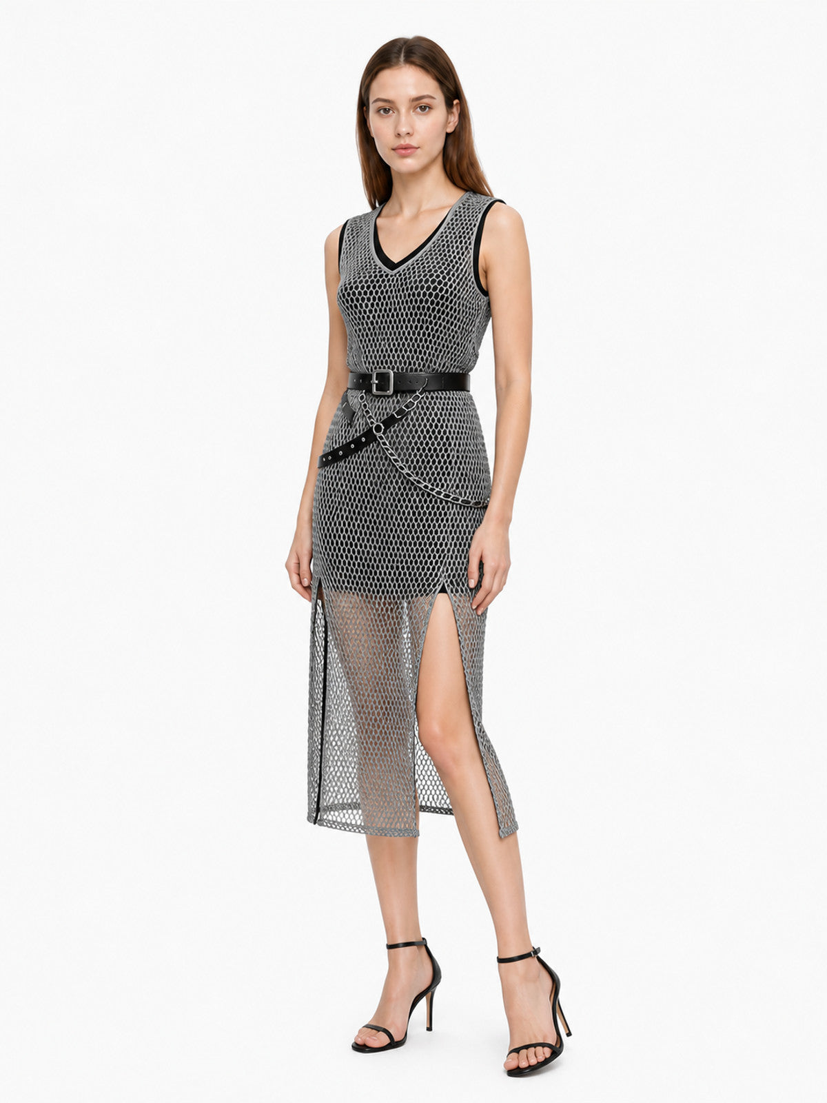 Renaissance-Style Mesh Midi Dress with Belt and Chain Costume Dresses detail