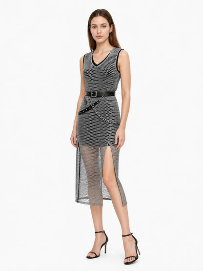 Renaissance-Style Mesh Midi Dress with Belt and Chain Costume Dresses detail